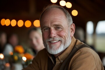 Fototapeta premium Friendly man smiling at a gathering during evening in an inviting rustic setting with soft lighting