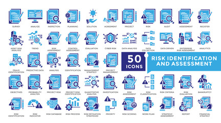 Risk identification and assessment icon set in Glyph style. Collection includes value, investigation, survey, analyze, planning and more. Simple vector icon collection
