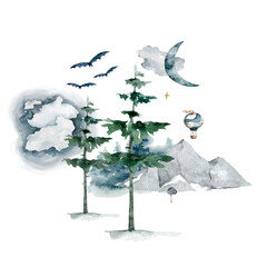 Fairy forest watercolor. Night nature dreaming