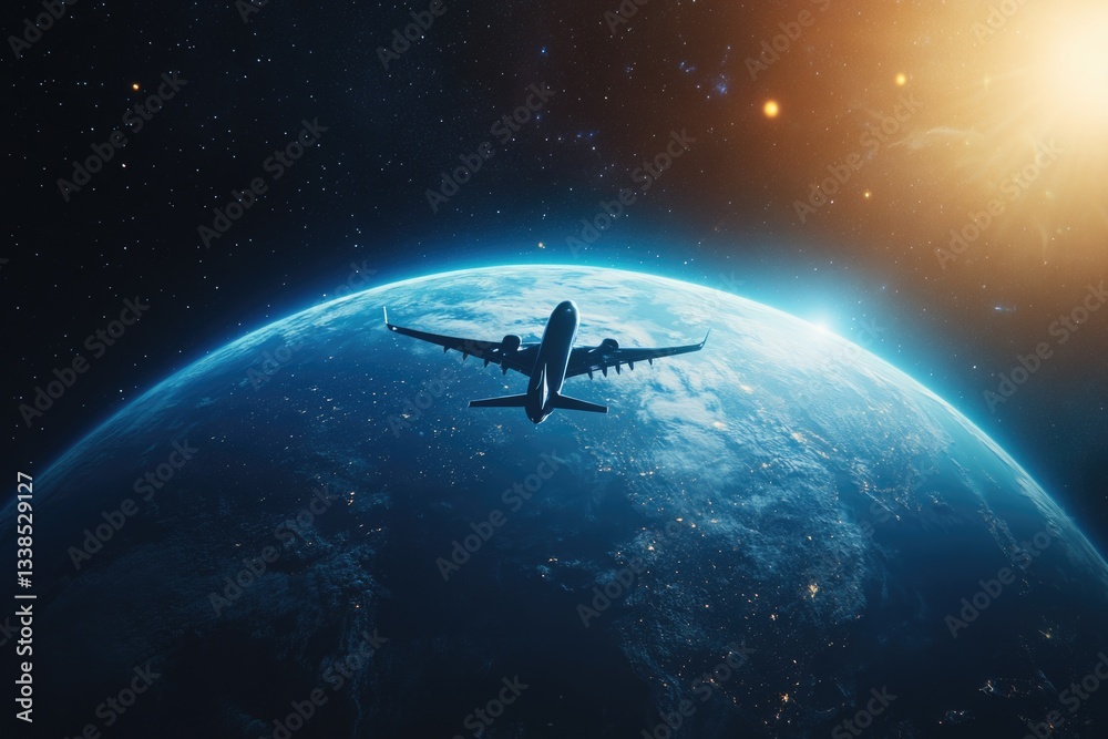 Poster a plane soars through the cosmos above a distant planet