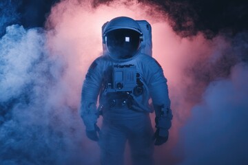 An astronaut stands amidst a thick cloud of smoke, perfect for illustrating themes of uncertainty and risk