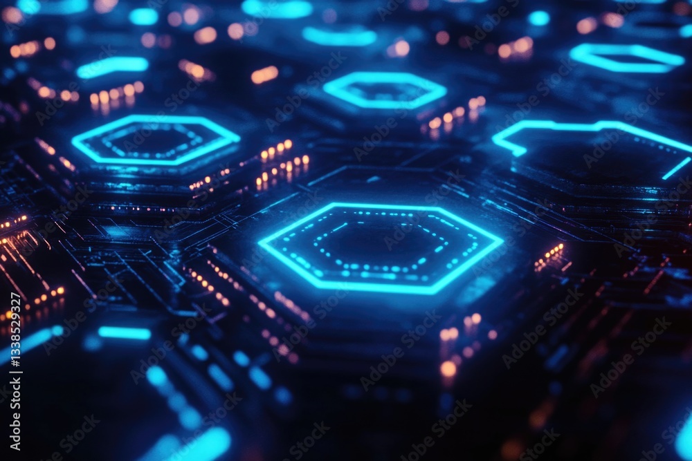 Poster A group of blue hexagons emitting a soft glow, suitable for use in futuristic or technological concepts