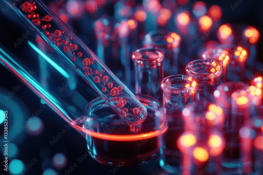 Poster A close-up view of a laboratory setup featuring several test tubes with red lights, ideal for scientific or educational purposes