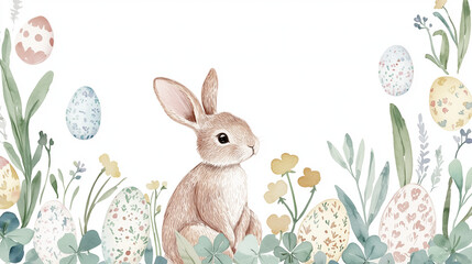 A delicate watercolor illustration of a rabbit with Easter eggs