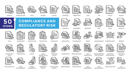 Compliance and regulatory risk icon set in outline style. Collection includes agreement, approval, assessment, audit, compliance and more. Simple vector icon collection