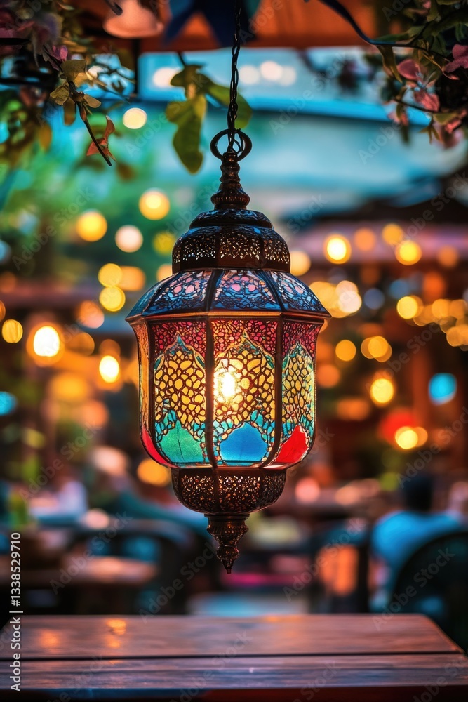Poster a colorful lantern hangs from a tree branch above a table, providing warm light