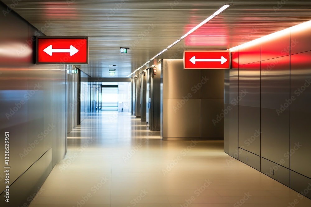 Poster a long hallway with two red arrows pointing in opposite directions
