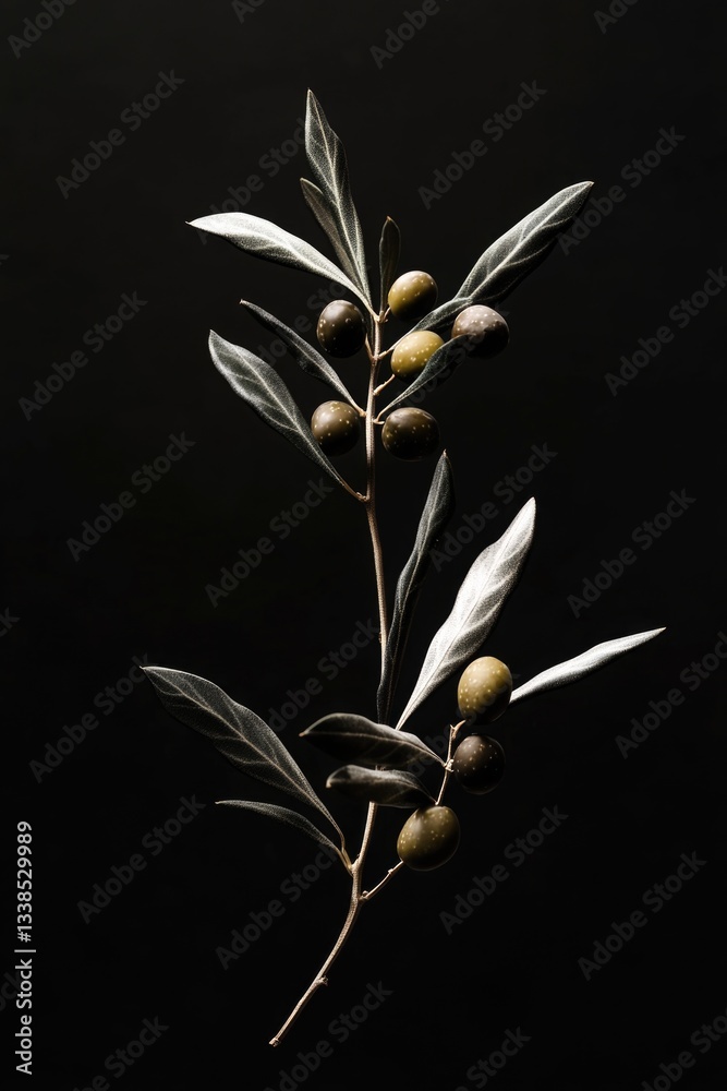 Poster a single branch of olives with green leaves on a dark background