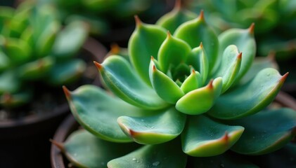 The intricate details of a succulent's texture and shape, solitary bloom, leafy greens