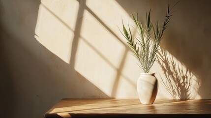 Sunlit Serenity: Greenery in a White Vase on Wooden Table Against a Wall with Window Shadows