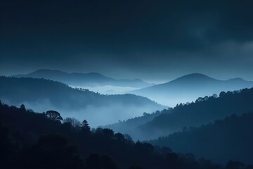 The landscape is shrouded in a thick cloud of fog on a black background with dark smoke, smoke, ambiance, fog