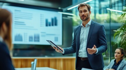 Technician presenting solar energy solutions to bus