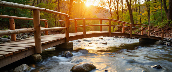 Wooden pedestrian bridge over a gently flowing river