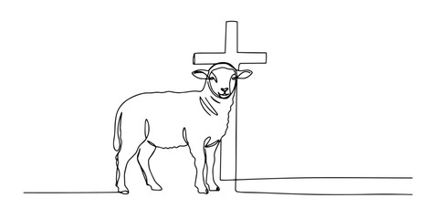 easter lamb cross vector monoline one line line art sketch illustration