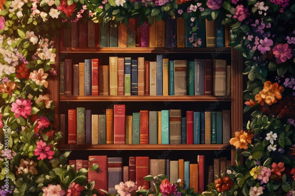 Poster a bookshelf filled with numerous books, perfect for use in educational or literary settings