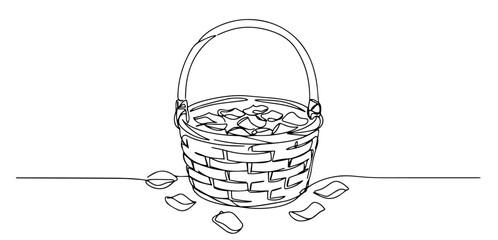 wicker basket with rose petals monoline vector, one line romantic illustration