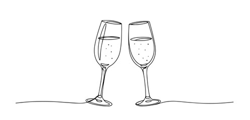 two champagne glasses making a toast monoline vector, one line celebration illustration © Wieslaw