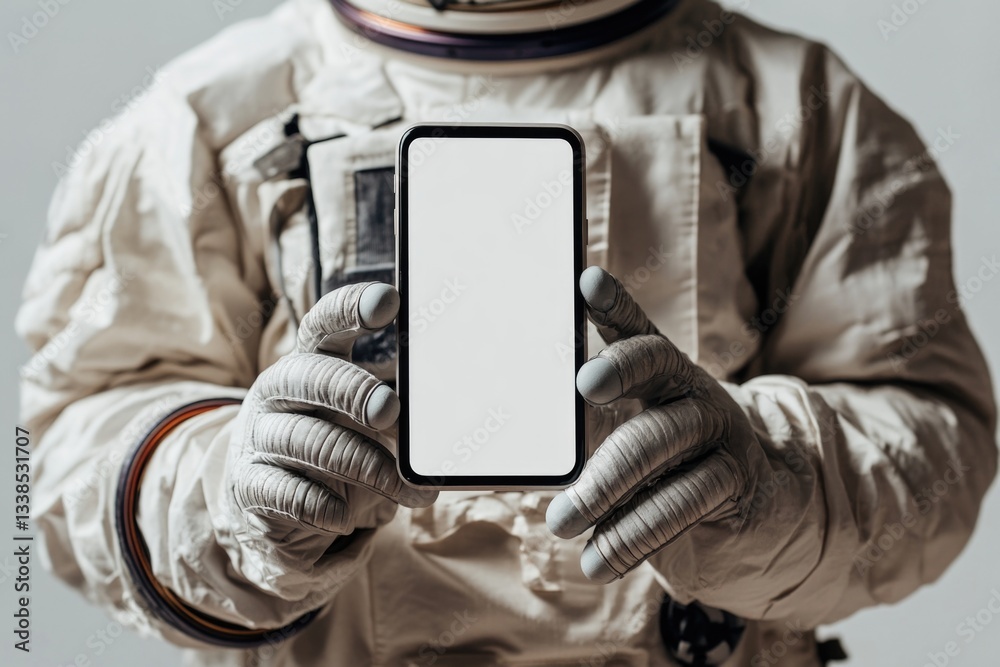 Poster an astronaut in a space suit holds a cell phone, possibly making a call or taking a photo