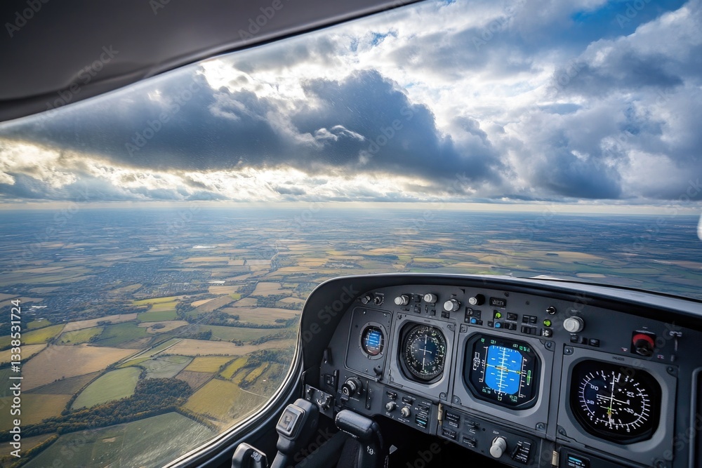 Poster Aerial view of a small airplane cockpit with instruments and controls visible