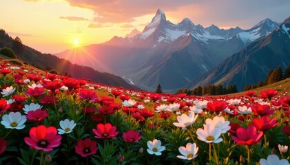 The majestic peaks of the mountains rise above a sea of red and white wildflowers in full bloom, sunset, flowers