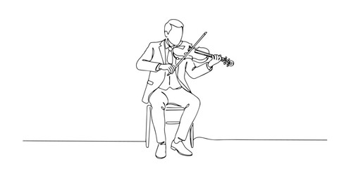 man sitting and playing violin monoline vector, one line musician illustration