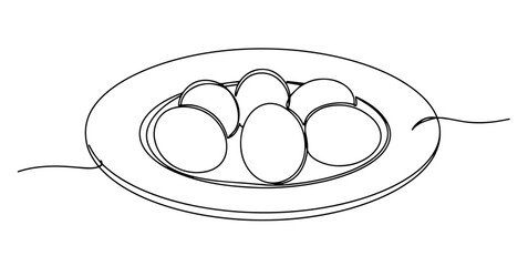 eggs in shells on plate monoline vector, one line food illustration
