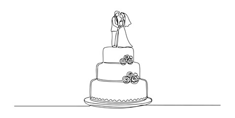 wedding cake with bride and groom topper monoline vector, one line celebration illustration