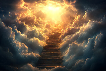Stairs to heaven. Light and stairs guiding among dark clouds. Concept of success, spirituality, elevation and religious values.	