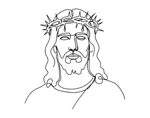 jesus portrait with crown of thorns monoline vector, one line religious illustration