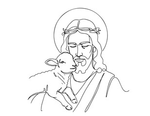 jesus with lamb on shoulders monoline vector, one line religious illustration
