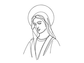 Our Lady Mary portrait monoline vector, one line religious illustration