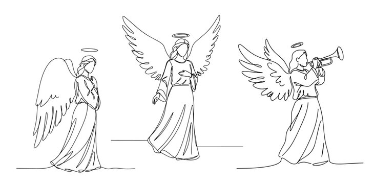 angels monoline vector, one line religious illustration