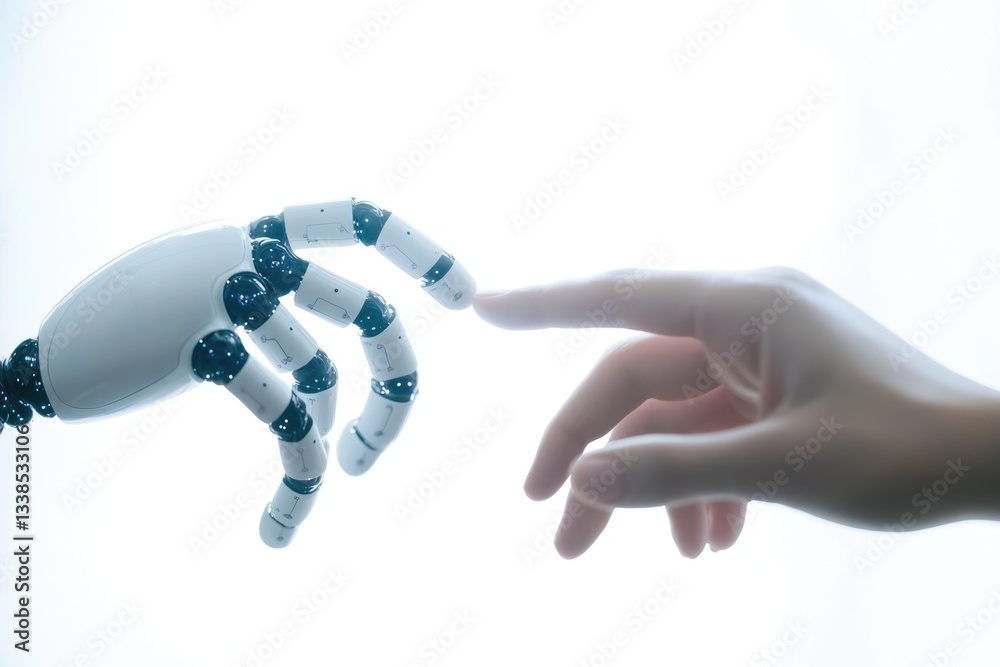Poster hands stretching out to connect with robotic limb
