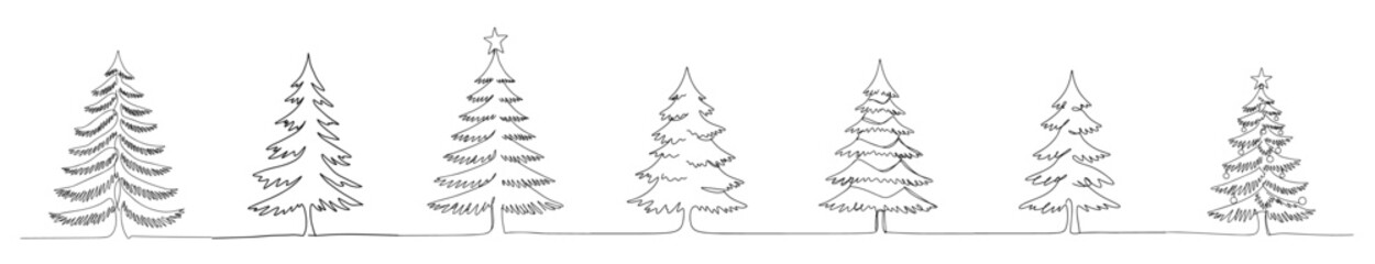christmas trees monoline vector, one line holiday illustration, line art panorama