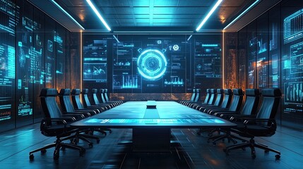 Modern Boardroom with Advanced Digital Conferencing Technology, Illustrating the Shift Toward Remote Collaboration, Virtual Meetings, and the Integration of Digital Tools in Corporate Settings.