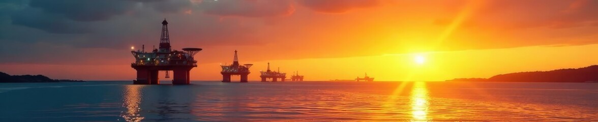 Fototapeta premium The morning sun casts a golden glow on the oil rigs in Aberdeen harbour as ships pass by, Harbour, Aberdeen Harbour Ship Sunrise Oil Rigs, Sea