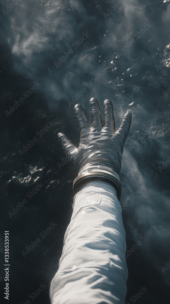 Poster A person's hand extending towards something in the water, possibly searching or trying to grasp
