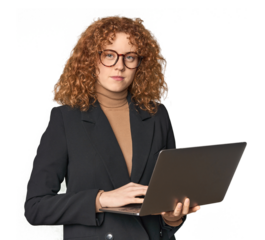 Young Caucasian redhead businesswoman with laptop happy
