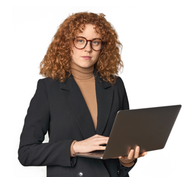 Young Caucasian redhead businesswoman with laptop happy - Powered by Adobe