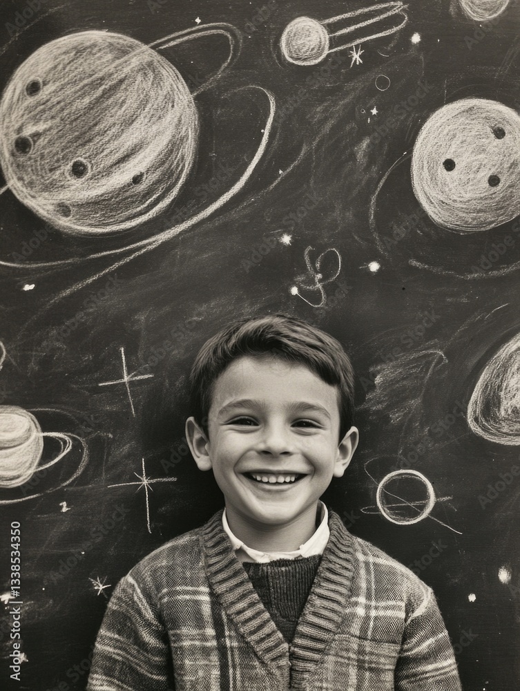 Poster A young boy stands in front of a chalkboard, ready to learn or create