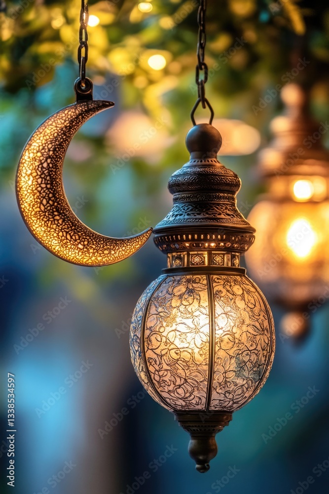 Poster a close-up shot of a light hanging from a tree branch, creating a warm and cozy ambiance