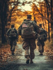 Fototapeta premium A group of soldiers walking down a dirt road in uniform attire, possibly on a mission or patrol