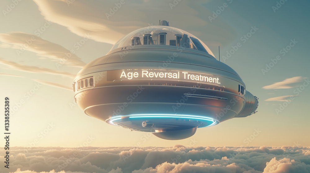 Poster this spacecraft for genetic modifications hovers, symbolizing advanced age reversal.