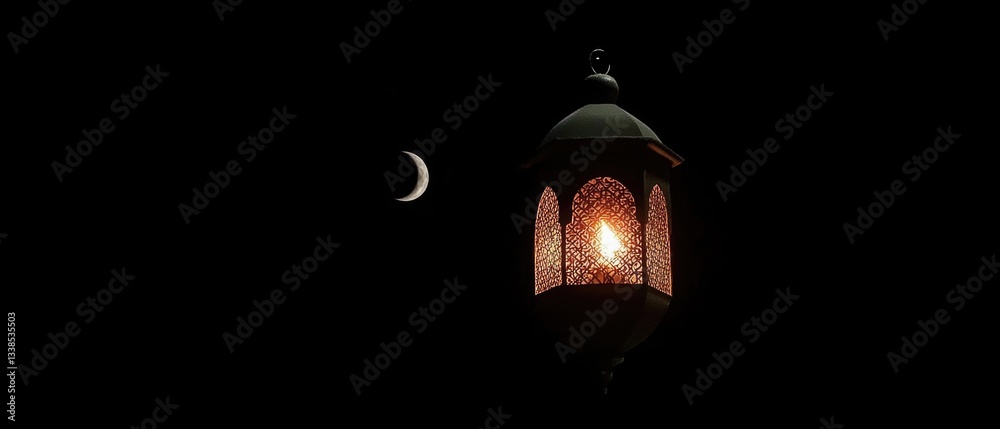 Poster a lantern with a crescent moon in the background, great for use as a decorative or inspirational ima
