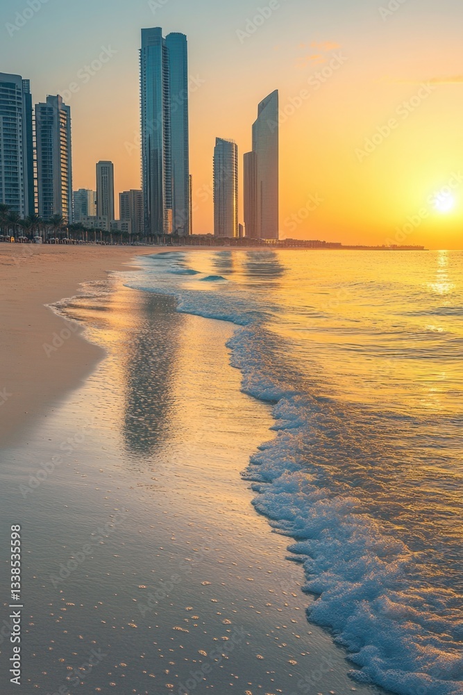 Poster a beach scene with a city skyline visible in the background as the sun sets
