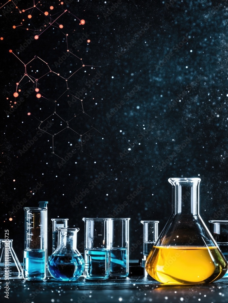 Poster laboratory equipment on a table, various glassware and containers for experiments