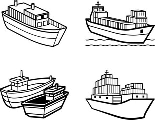 A Set of Cartoon Empty Container Boats Line Art Vector Illustration