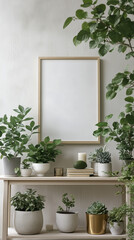 Minimalist Interior with Blank Frame and Green Plants – Modern Home Decor Mockup