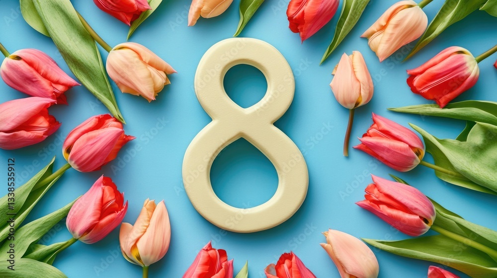Poster a single digit '8' numeral surrounded by colorful tulips on a blue background
