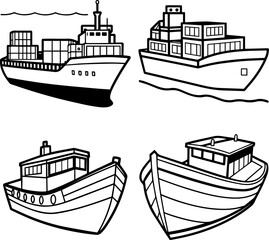 Obraz premium A Set of Cartoon Empty Container Boats Line Art Vector Illustration